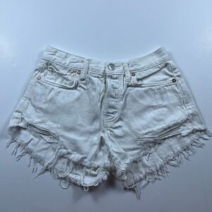 We The Free Free People White Distressed Denim Cut Off Shorts Size 25 Button Fly
